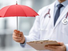 What Private Health Insurance Covers and What It Does Not Doctor in a white coat holding a red umbrella and a clipboard, symbolizing health insurance coverage and protection