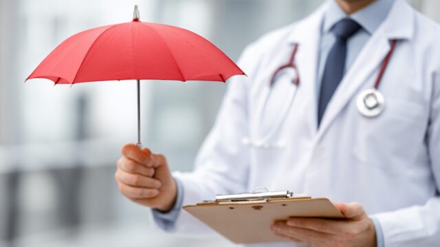 What Private Health Insurance Covers and What It Does Not Doctor in a white coat holding a red umbrella and a clipboard, symbolizing health insurance coverage and protection