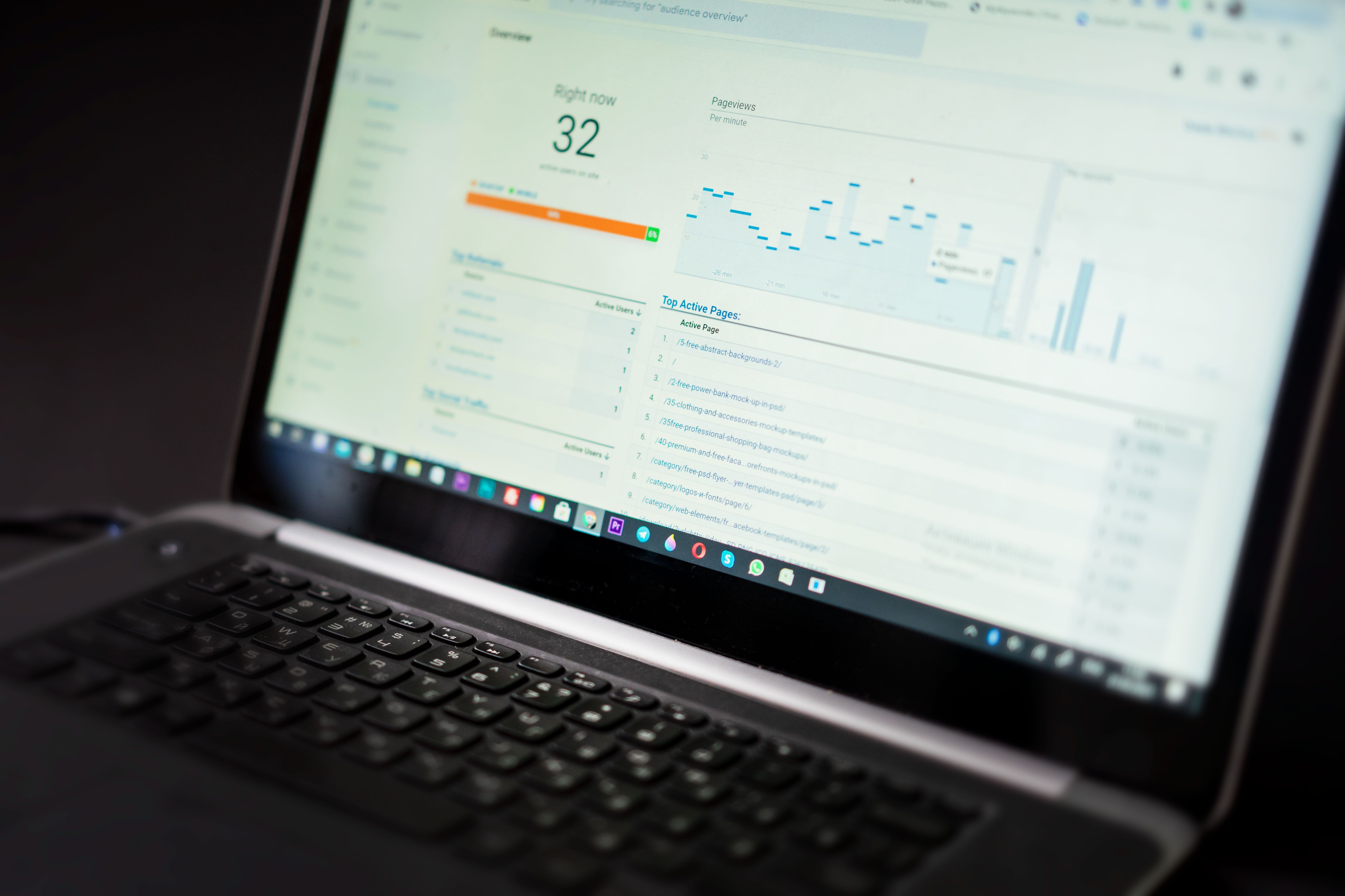 Laptop displaying an SEO analytics dashboard with real-time ranking and traffic data